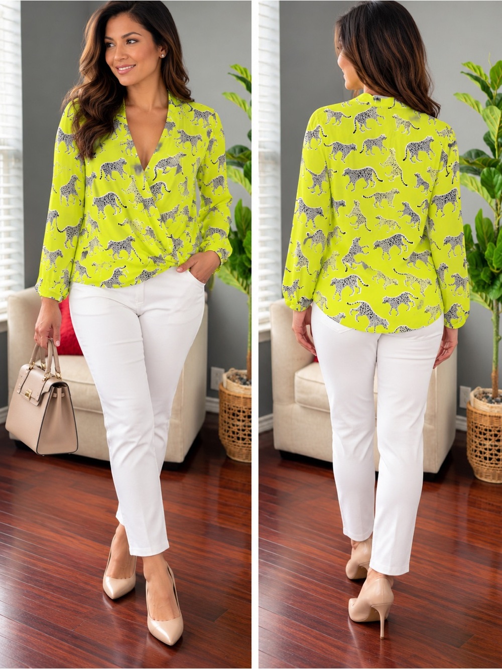 Ann Taylor Wrap Blouse Women’s Large Neon Green Cheetah/ Leopard Print